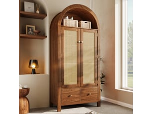 Armoire penderie 181x78x45 cm avec 2 portes en rotin, armoire de chambre avec fermeture magnétique, 2 tiroirs, tringle et niche arrondie, effet noyer