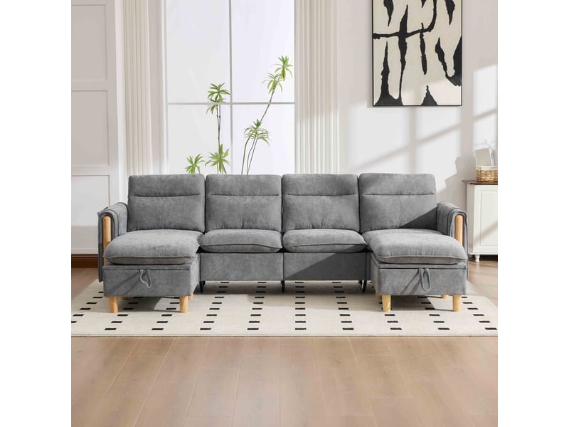  Canapé d'angle u 4 places en chenille 261x77x86 cm avec 2 poufs coffre, canapé modulable avec rangements et pieds en bois - gris clair  - Conforama B