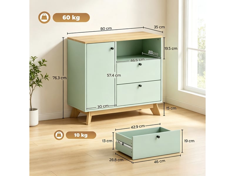 Buffet 1 porte 2 tiroirs 1 niche en mdf vert clair et chêne 80x35x76.3 cm - Conforama C