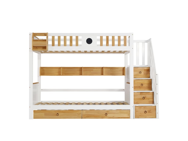 Lit superposé 90x200 cm, lit enfant gain de place avec escalier de rangement et tiroirs, en bois de pin massif et mdf, blanc et naturel - Conforama D