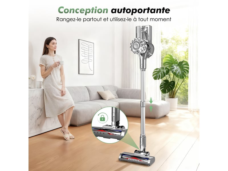  Aspirateur balai auto-portant puissant sans fil42kpa, 60 min d'autonomie, 2 vitesses, 6 en 1, capacité 1,6l, lumière verte  - Conforama R