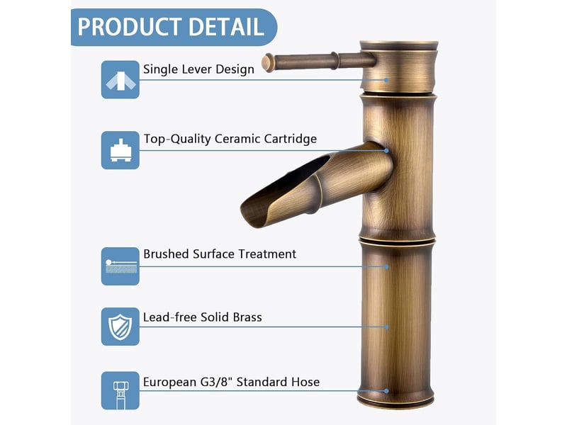  Mitigeur lavabo cascade, robinet lavabo mitigeur salle de bain cascade en laiton, robinet salle bain bambou retro, 2 joints break mouth  - Conforama E