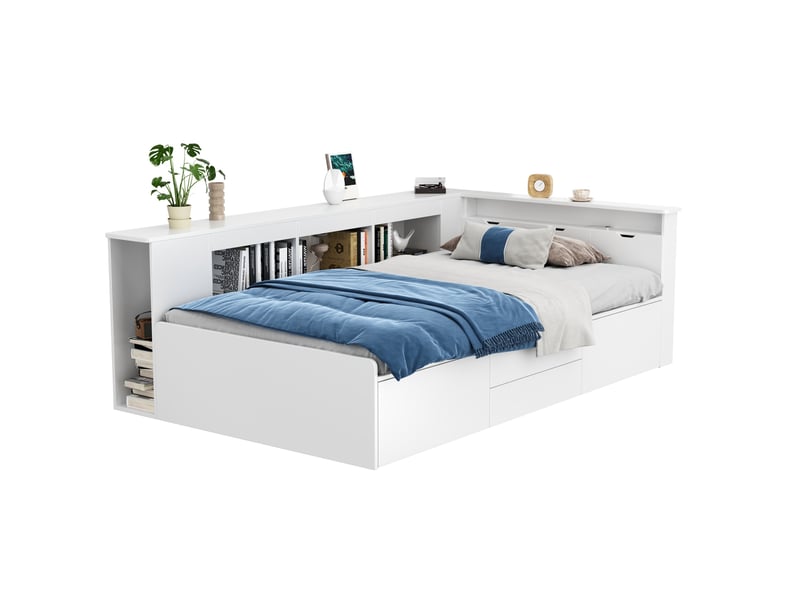 Lit enfant 90x200 multifonction avec tiroirs de rangement et bibliothèque intégrée - blanc - Conforama A