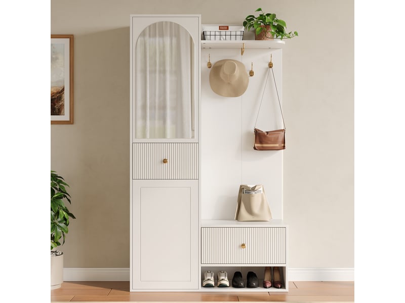 Vestiaire d’entrée blanc avec miroir, patères dorées et tiroirs, 100 x 35 x 175,5 cm - Conforama E
