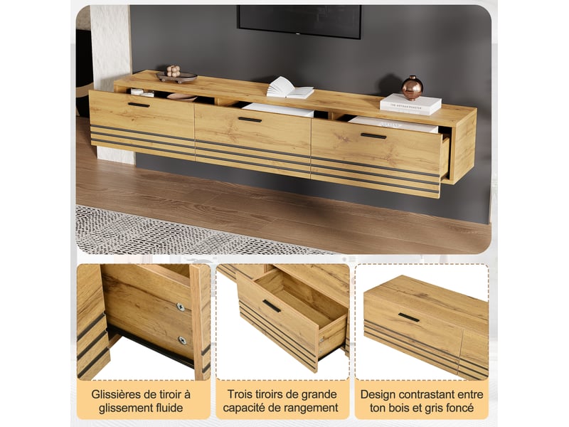 Meuble tv mural suspendu 160x30x25,5 cm, 3 tiroirs, tv jusqu’à 65 pouces, mdf, panneaux de particules, naturel  - Conforama D