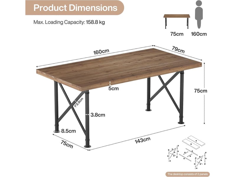  Table de salle à manger en bois massif 160 cm avec pieds en métal, brun rustique  - Conforama C