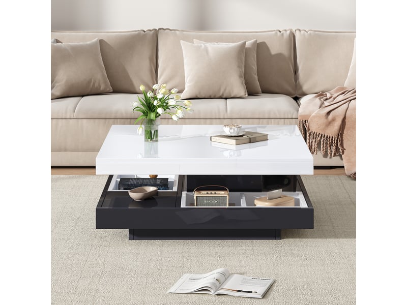  Table basse pivotante 360 avec rangement, table de salon blanc et noir haute brillance, 70x70x36 cm  - Conforama R