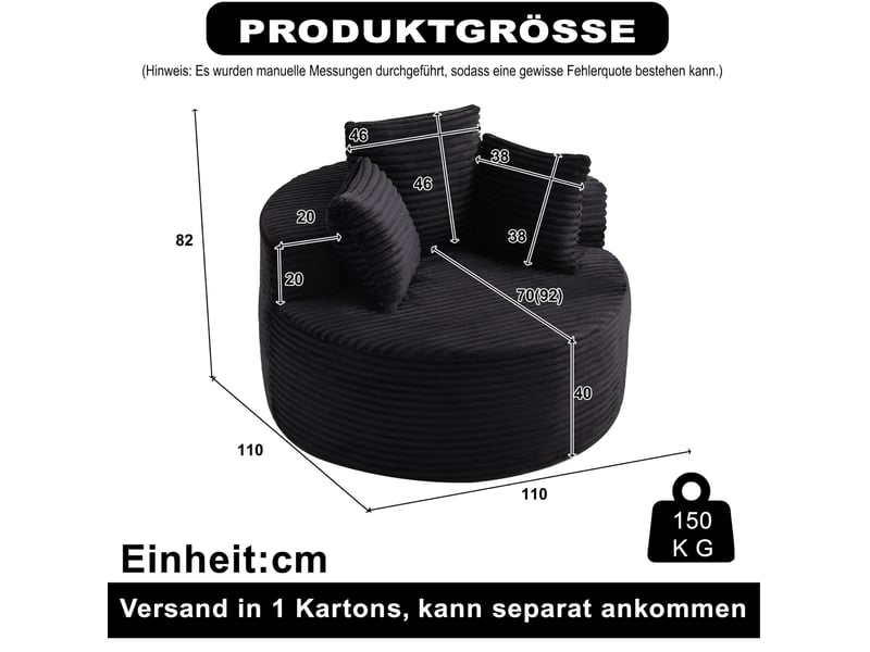  Fauteuil lounge rond avec 3 coussins, accoudoirs larges et base antidérapante, en velours côtelé noir  - Conforama D