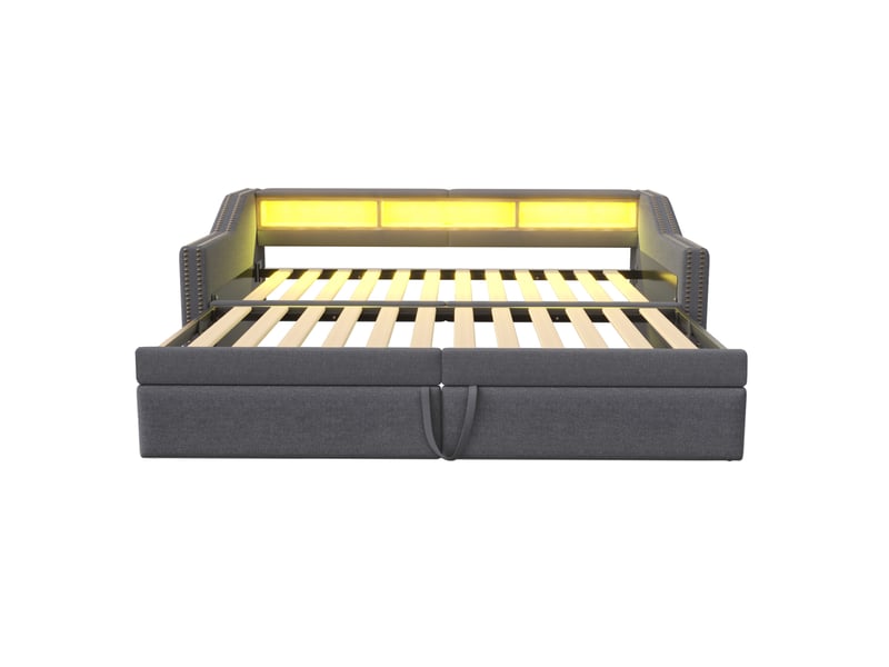  Lit enfant gigogne 90 x 200 cm, rangements latéraux led+usb, sommier lattes, tissu lin, gris foncé sans matelas  - Conforama E