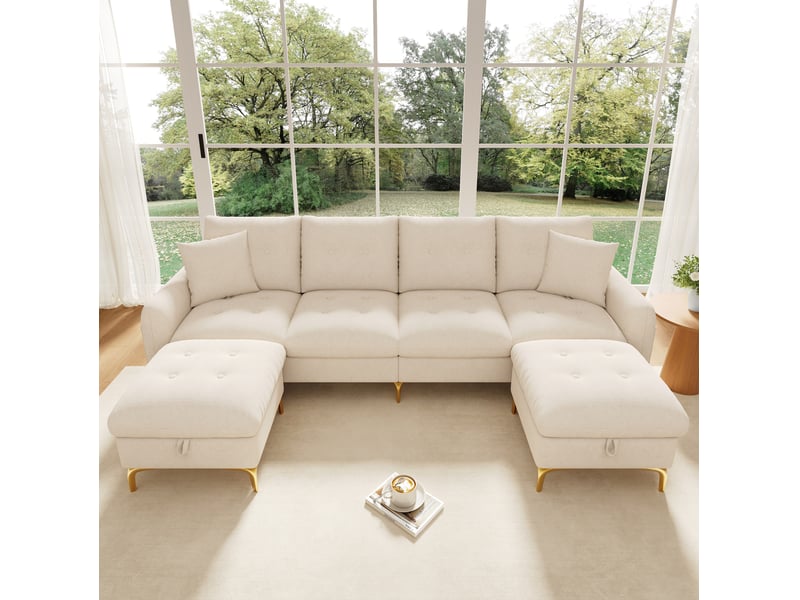  Canapé modulable tcqpz 4 places en u 263 x 137 x 85 cm avec 2 poufs de rangement chenille beige  - Conforama D