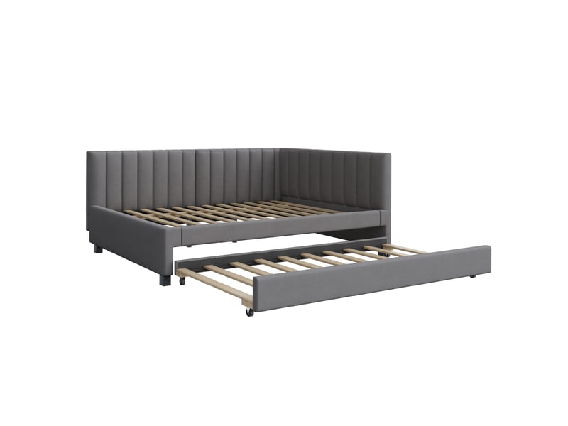  Lit banquette avec couchage gigogne 200×140 cm et 190×90 cm, sommiers à lattes, sans matelas, en velours gris  - Conforama E