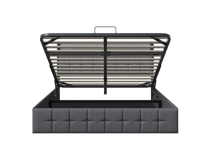  Lit coffre 140x200 avec rangement, cadre de lit double rembourré avec led et usb lit 2 personnes led avec prise lit adulte capitonné avec tête de lit et rangement hydraulique gris lin, sans matelas  - Conforama R