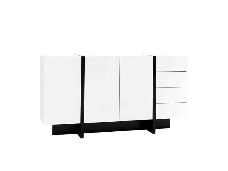  Buffet blanc laqué brillant, style moderne, 2 portes et 4 tiroirs, facile à nettoyer  - Conforama E