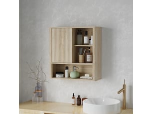 Armoire murale salle de bain avec étagères réglables, bois naturel, porte coulissante et étagères ouvertes