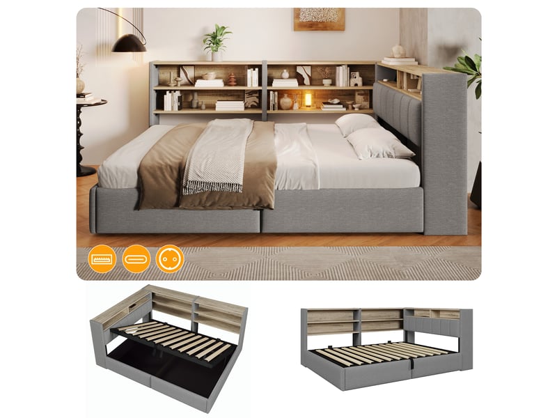Lit banquette coffre rembourré 140x200 cm, rangement hydraulique, meuble latéral réversible, led rgb, ports usb-a et usb-c, velours gris Radiant Stride - Conforama B