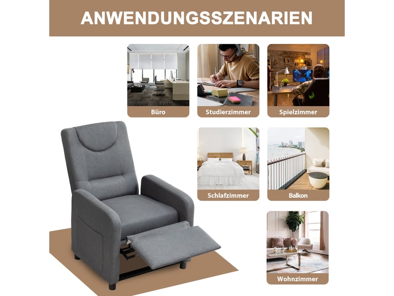  Fauteuil relax inclinable,57x63x96 cm,avec repose-pieds,lin,gris foncé  - Conforama E