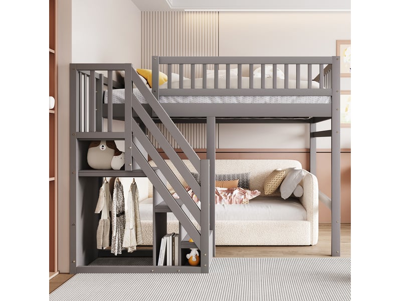  Lit mezzanine 140x200 cm, espace de rangement, avec escalier de rangement et garde-corps haut, bois, gris, sans matelas  - Conforama D