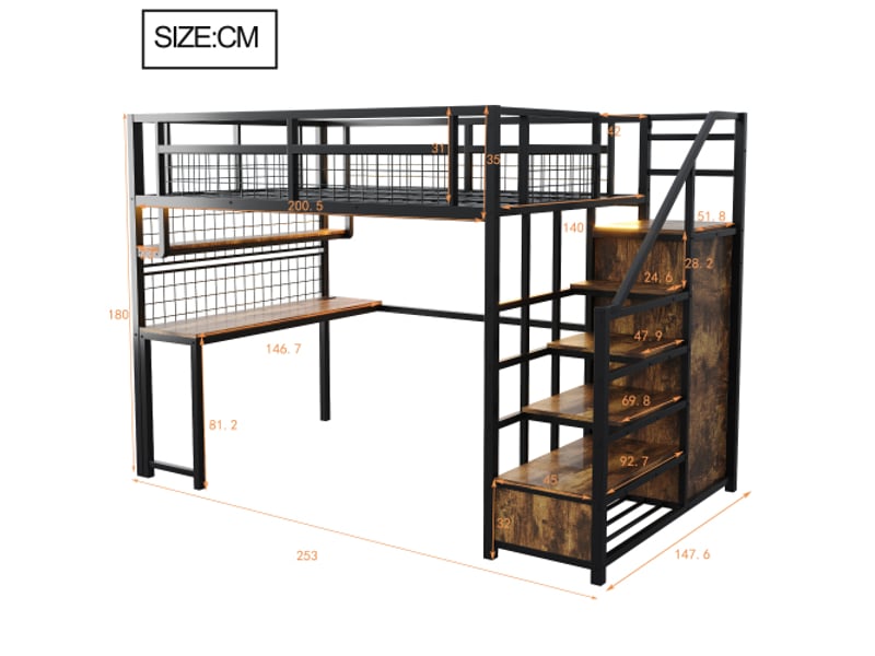  Lit mezzanine 140x200 cm coloris noir métal lit enfant noir - Conforama C