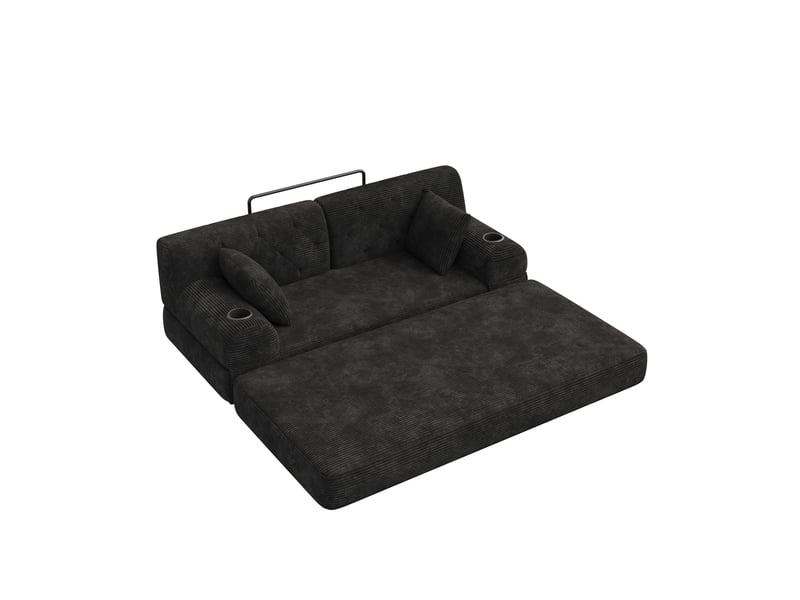  Canapé convertible, canapé-lit, 2 places, en velours, noir, poches latérales, porte-gobelets, format compressé, structure métallique  - Conforama B