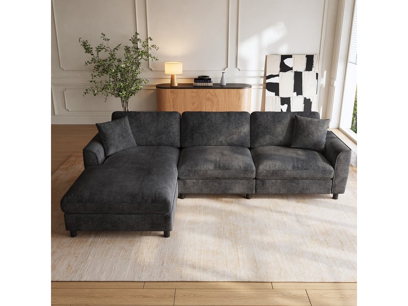  Canapé d’angle modulable en l 256 cm 3 places avec méridienne réversible extra-large 90 cm, accoudoirs courbés, ressorts ensachés, chenille gris  - Conforama C
