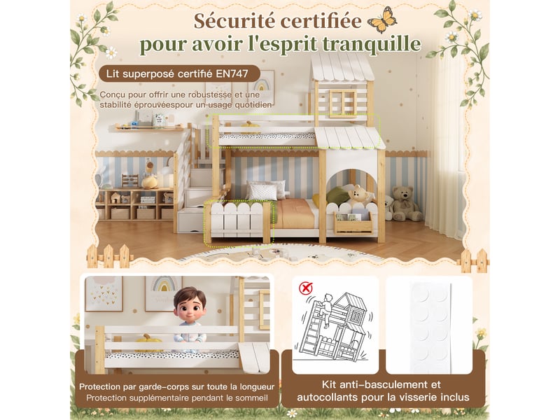  Lit superposé cabane enfant 3 couchages 90x200140x200 cm avec escalier de rangement, étagère livres, toit, garde-corps, blanc et bois naturel  - Conforama E