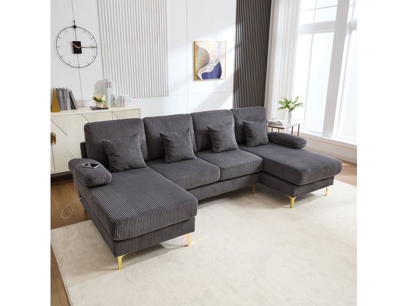 Canapé en u 4 places en velours gris avec led et port usb-c, 265 × 135 × 88 cm, confort pour le salon  - Conforama E
