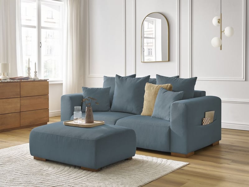  Bobochic canapé droit fixe 2 places sidonie velours côtelé avec pouf bleu foncé SIDONIE - Conforama B