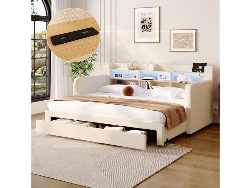 Canapé-lit convertible 2 en 1 90x200 cm avec led, tiroirs et rangement ouvert, velours beige, sans matelas - Conforama R
