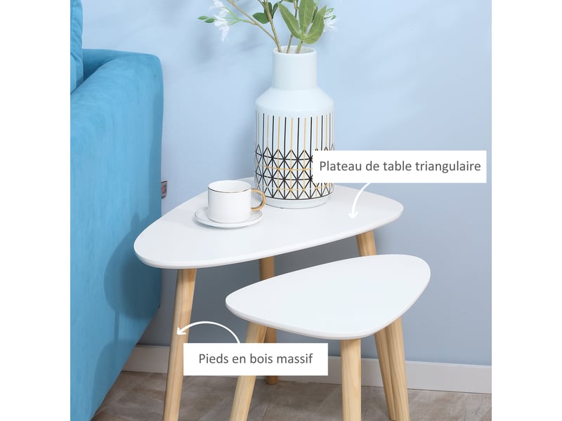  Lot de 2 tables basses gigognes design pieds scandinave en bois et plateau en bois, blanc  - Conforama E