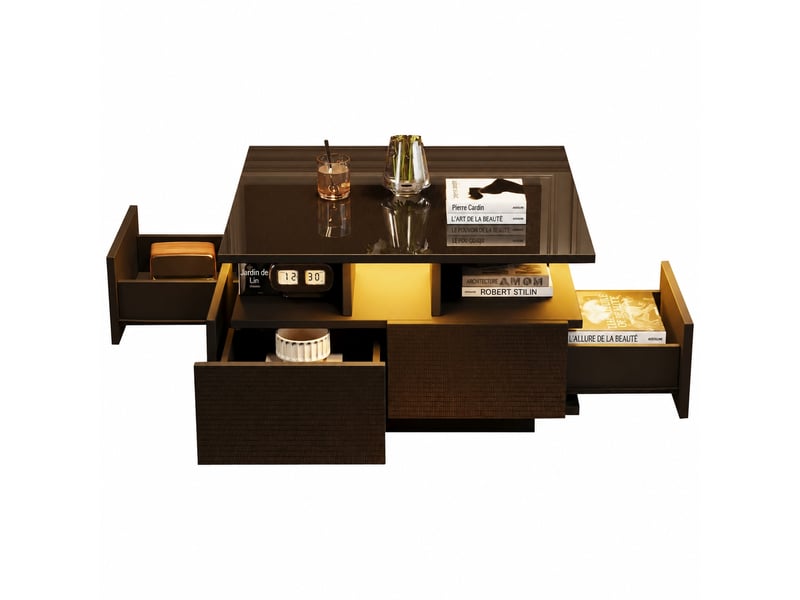  Table basse avec rangement et éclairage led, carrée 70 x 70 x 40 cm, 4 tiroirs, noir  - Conforama A