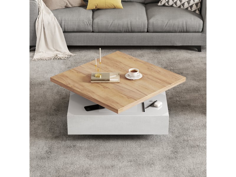 Table basse carrée rotative 360° blanche brillante et effet bois - Conforama C