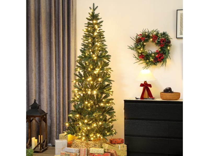  Sapin de noël artificiel 210 cm, arbre de noël slim avec 300 lumières 8 modes d'éclairage 826 branches articulées, vert  - Conforama B