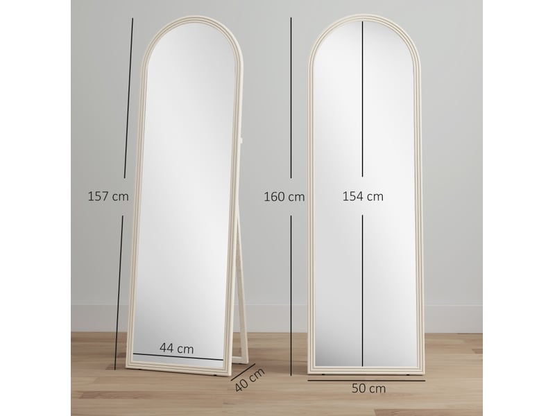  Miroir sur pied et mural 50 x 160 cm – blanc – cadre arqué avec support rabattable, verre trempé sécurisé  - Conforama C