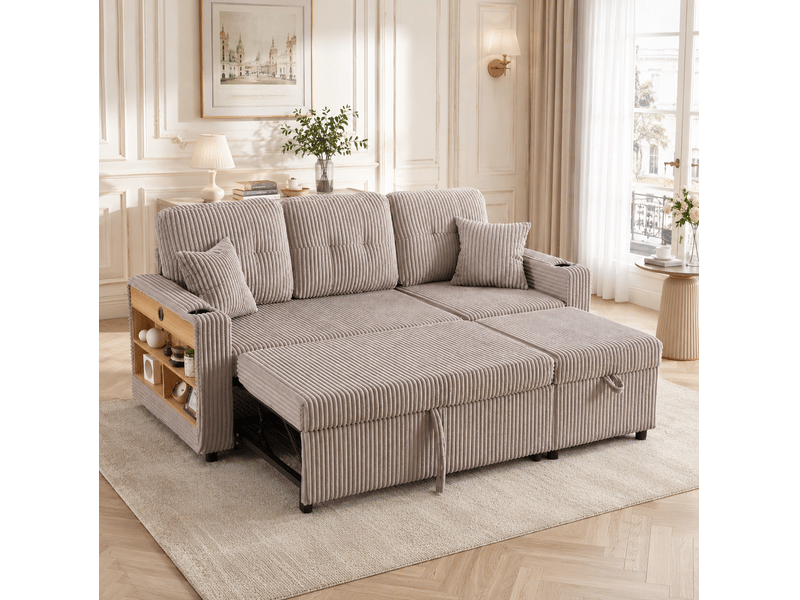  Canapé 3 places 196x82–144x85 cm lumières led prise usb‑c intégrée coussins moelleux velours côtelé gris clair  - Conforama E