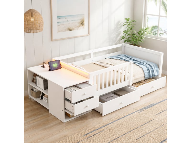  Lit mezzanine 90x200 cm rangement, prise et led en métal contreplaqué et mdf blanc  - Conforama C