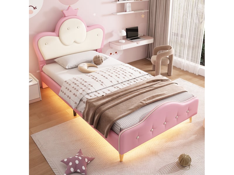  Modenvie lit enfant capitonné 90x200 cm - avec led, tête de lit couronne - pour chambre d'enfant - rose  - Conforama B