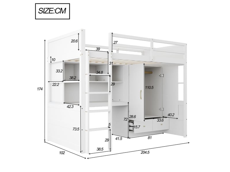 Lit mezzanine 90x200 cm avec bureau et armoire - lit simple - tiroirs de rangement et échelle, garde-corps de sécurité,lit ado,blanc  - Conforama C