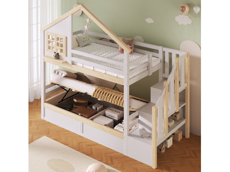  Lit superposé enfant 90x200 cm blanc et naturel avec rangement hydraulique  - Conforama E