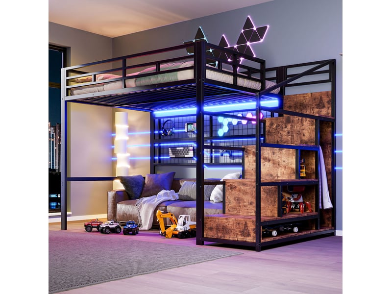  Lit mezzanine 140x200 cm, avec éclairage led 7 couleurs, espace libre sous le lit, armoire-échelle, métal noir sans matelas  - Conforama B