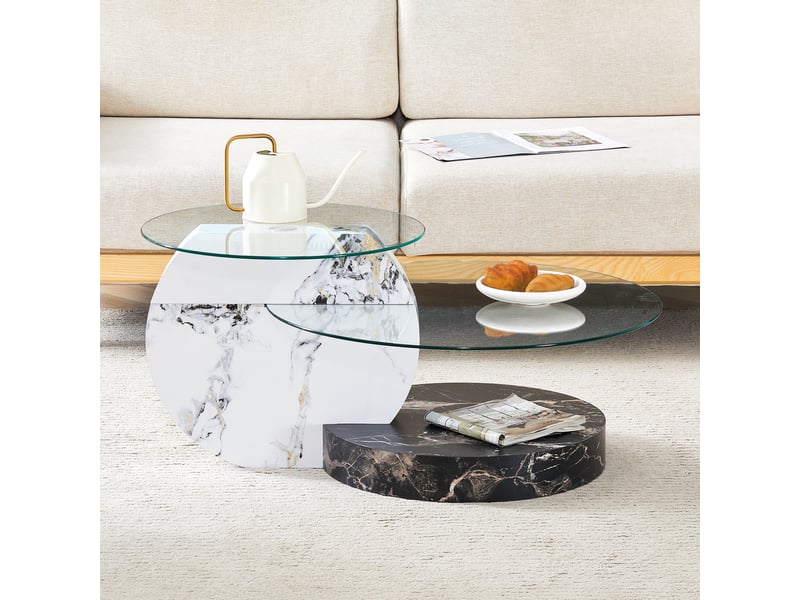  Table basse à 2 plateaux ronds en verre de sécurité, structure mdf aspect marbre, style moderne, pour salon, blanc et noir  - Conforama C