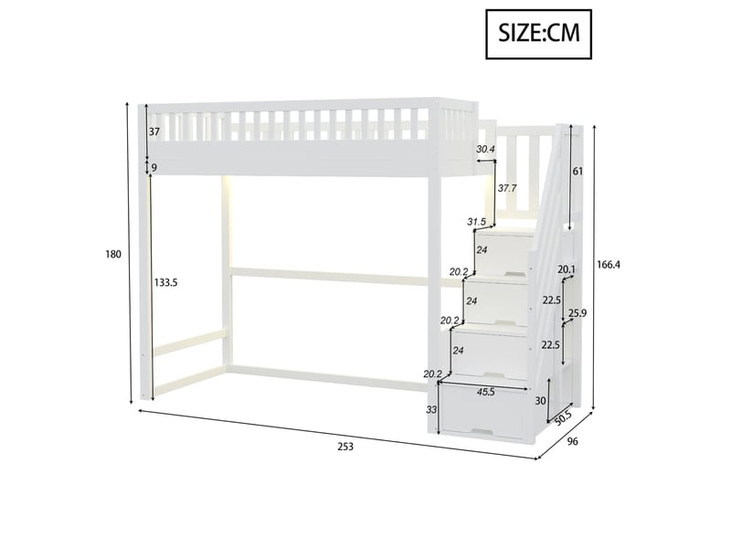  Elvmi lit mezzanine 90x200 cm en bois de pin blanc avec échelle réversible, garde-corps sécurisés, marches de rangement intégrées, éclairage led sous le couchage, sommier à lattes et espace ouvert dessous, pour chambre enfant et…  - Conforama C
