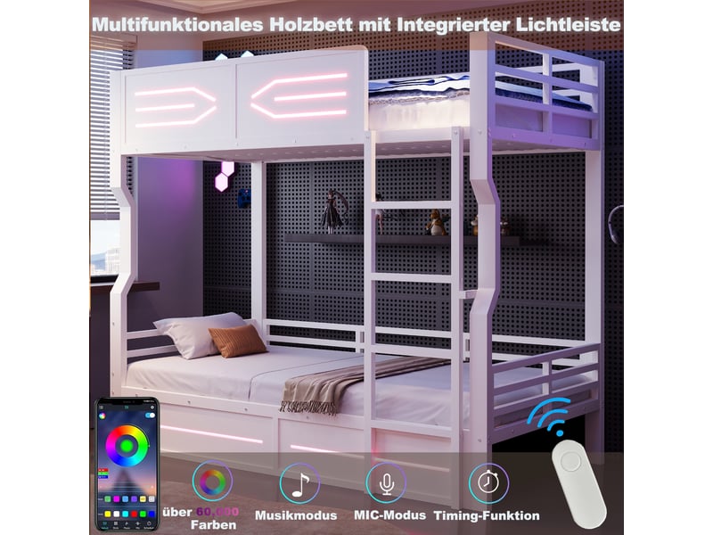  Lit superposé 90x200 cm avec led, cadre robuste, lignes droites et barrières hautes de sécurité pour chambre ado, mdf et métal, blanc OMNIGLINT TRADING LTD - Conforama E