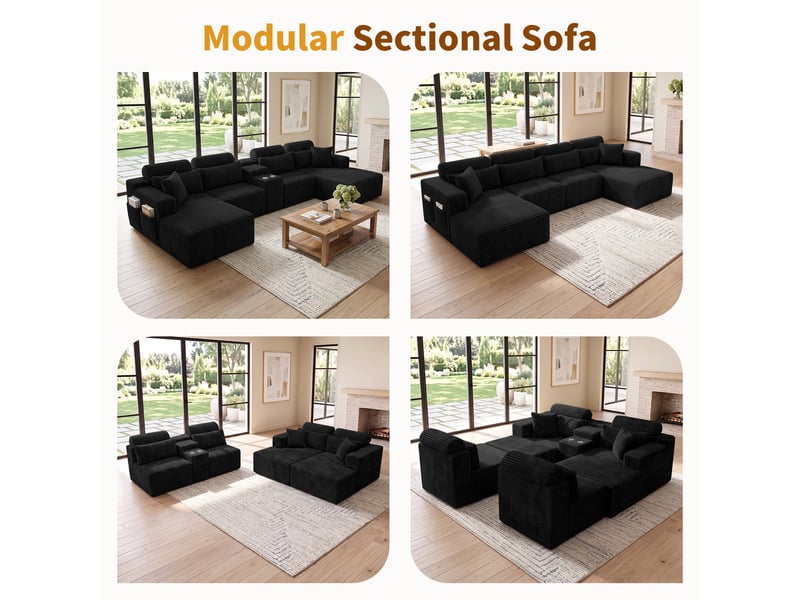  Canapé d’angle en u 6 places 372 x 151 x 80 cm, grand format modulable à assise moelleuse et porte-gobelets, mousse et velours côtelé, noir OMNIGLINT TRADING LTD - Conforama E