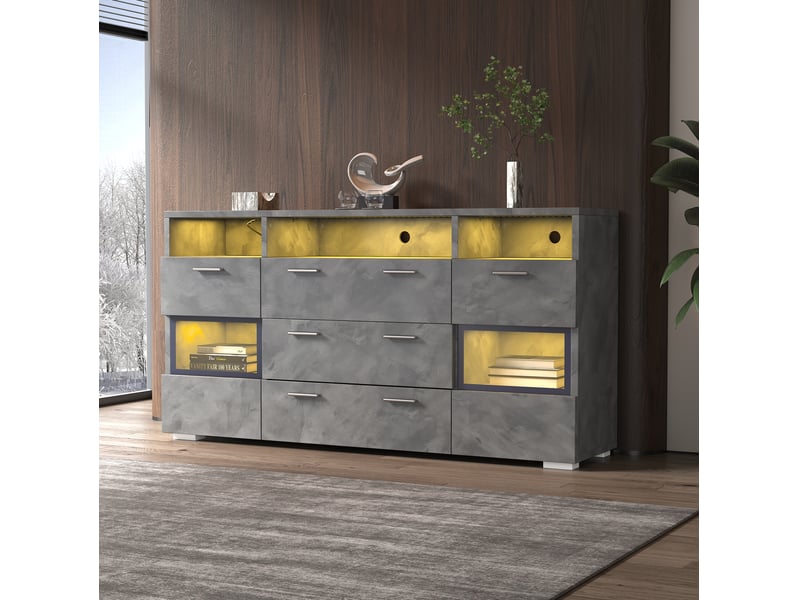  Buffet bas ulevr 140 cm avec rangement et led contrôlées par application, 2 portes en acrylique transparent, 3 tiroirs, gris  - Conforama B