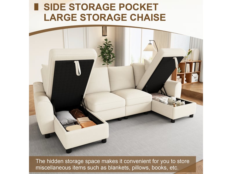 Canapé panoramique en u, tissu chenille beige 4 places, canapé d'angle modulable avec coffre de rangement pour grand salon moderne - Conforama E
