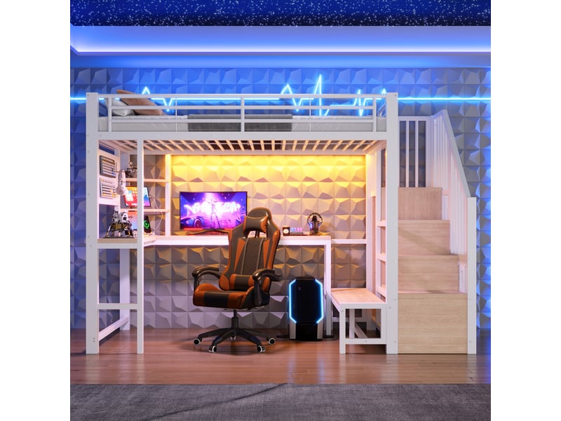  Lit mezzanine enfant 90x200 cm avec bureau, led, usb et usb-c, panneau perforé, étagères, escalier avec rangement, garde-corps, métal et mdf blanc  - Conforama C