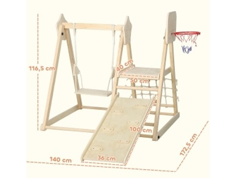  Aire de jeux intérieure 5-en-1 140x133 cm – coloris bois naturel – pliable avec toboggan et balançoire  - Conforama C