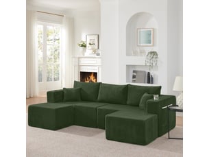 Canapé d'angle modulable 3 places en velours côtelé vert, avec 2 poufs, porte-gobelets, rangements, 300 kg