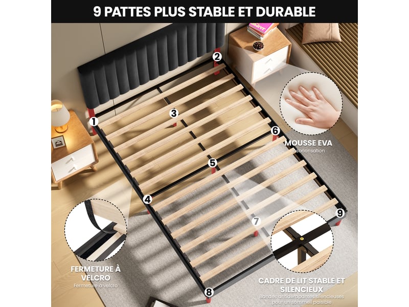  Lit 140 x 190 avec sommier,cadre de lit en métal robuste et durable, lattes en bois,lin noir  - Conforama C