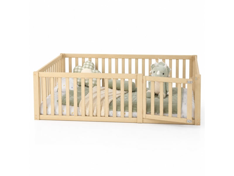 Lit 2 places au sol 140x200 cm coloris bois naturel avec barrière et porte - Conforama A